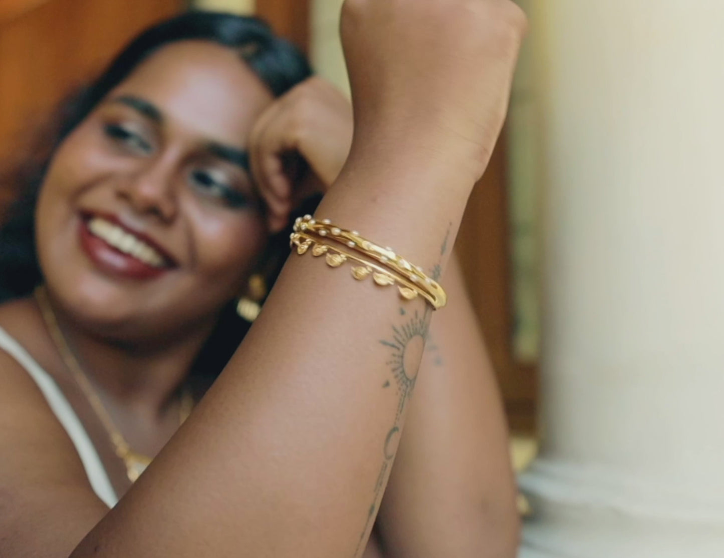 Viji Cuff Bracelet with Inlaid Pearls & Mango Charms